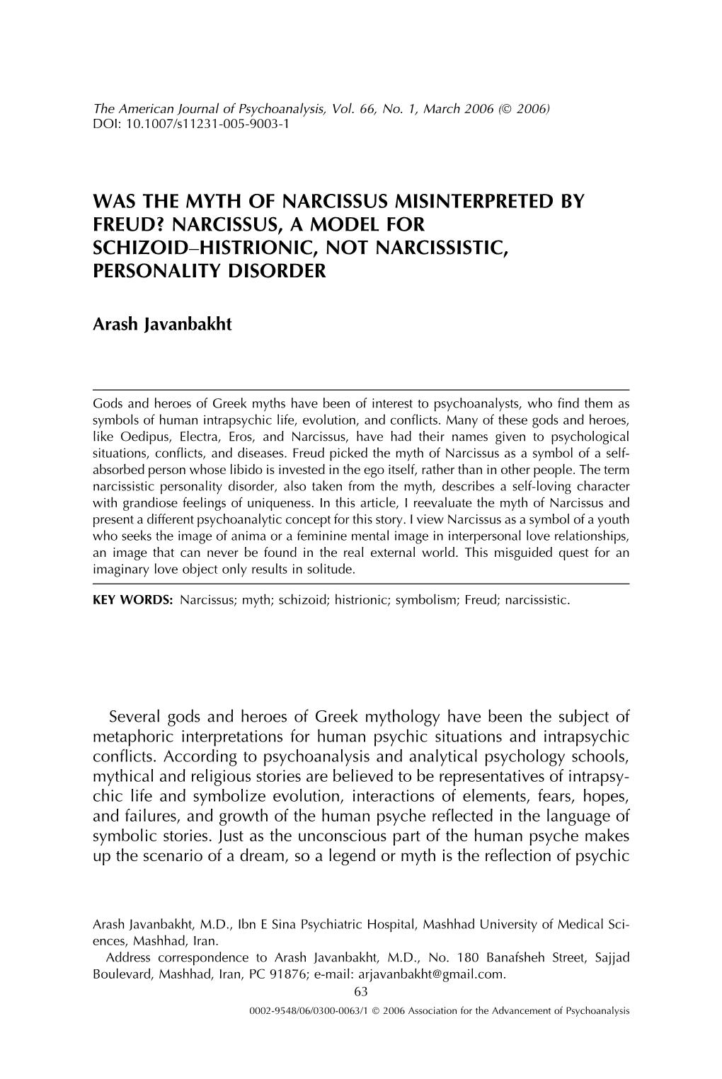 Was the Myth of Narcissus Misinterpreted by Freud? Narcissus, a Model for Schizoid–Histrionic, Not Narcissistic, Personality Disorder