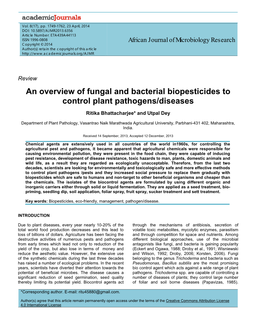 An Overview of Fungal and Bacterial Biopesticides to Control Plant Pathogens/Diseases