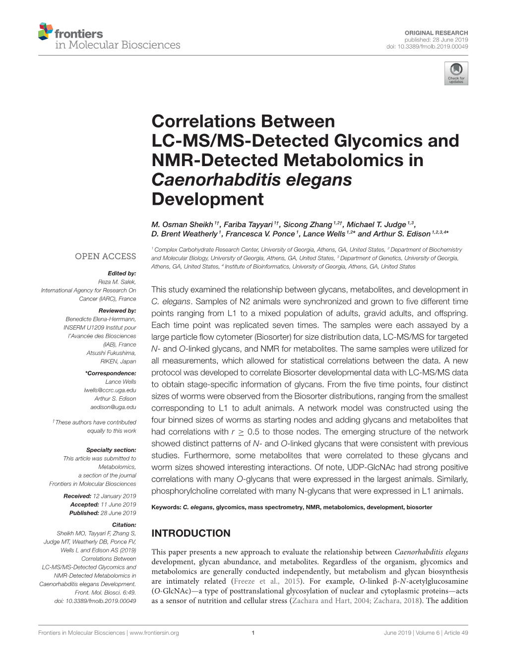 Correlations Between LC-MS/MS-Detected Glycomics and NMR-Detected Metabolomics in Caenorhabditis Elegans Development