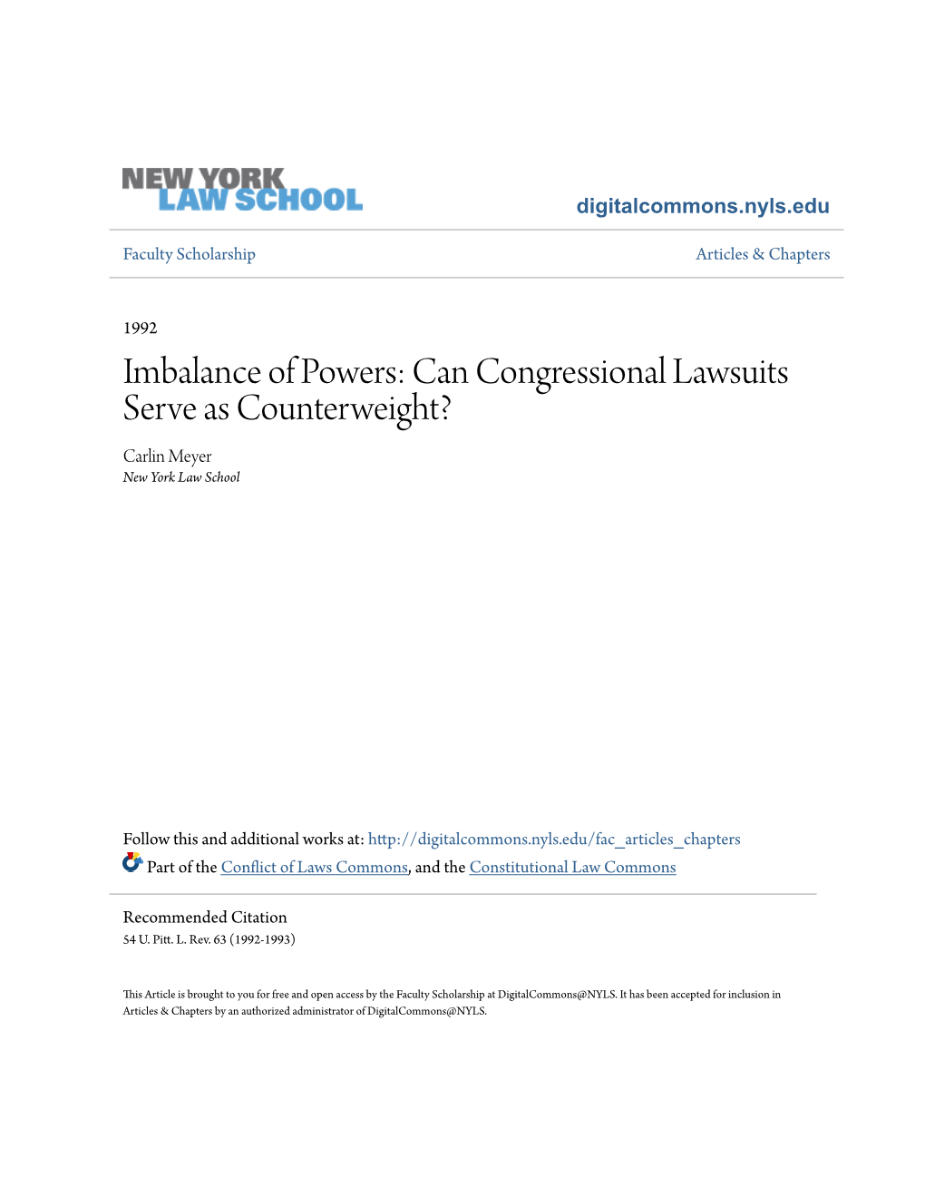 Imbalance of Powers: Can Congressional Lawsuits Serve As Counterweight? Carlin Meyer New York Law School