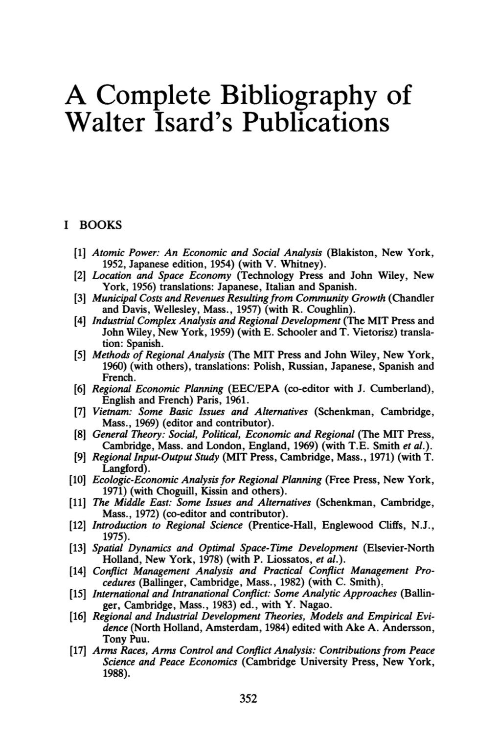 A Complete Bibliography of Walter Isard's Publications