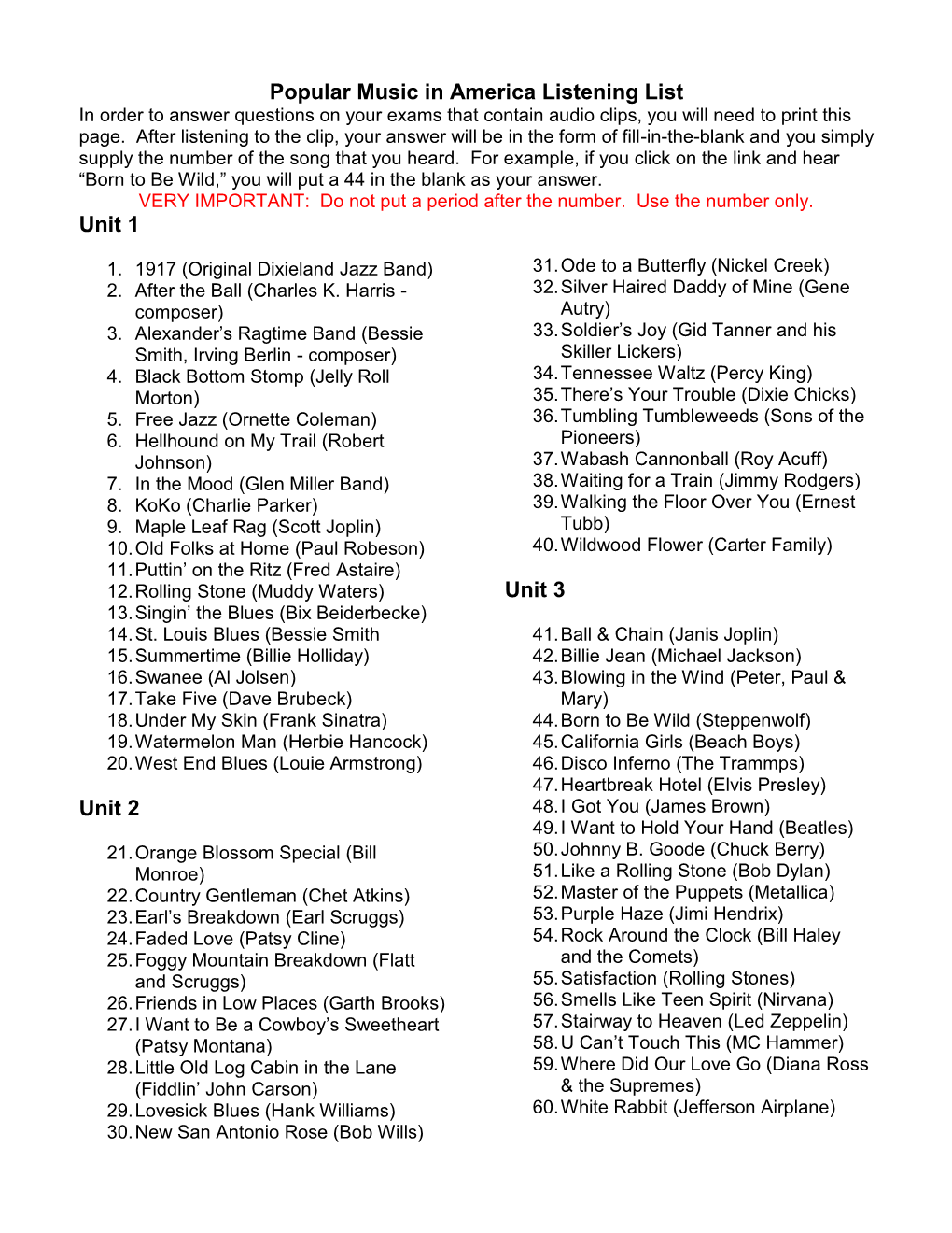 Popular Music in America Listening List in Order to Answer Questions on Your Exams That Contain Audio Clips, You Will Need to Print This Page