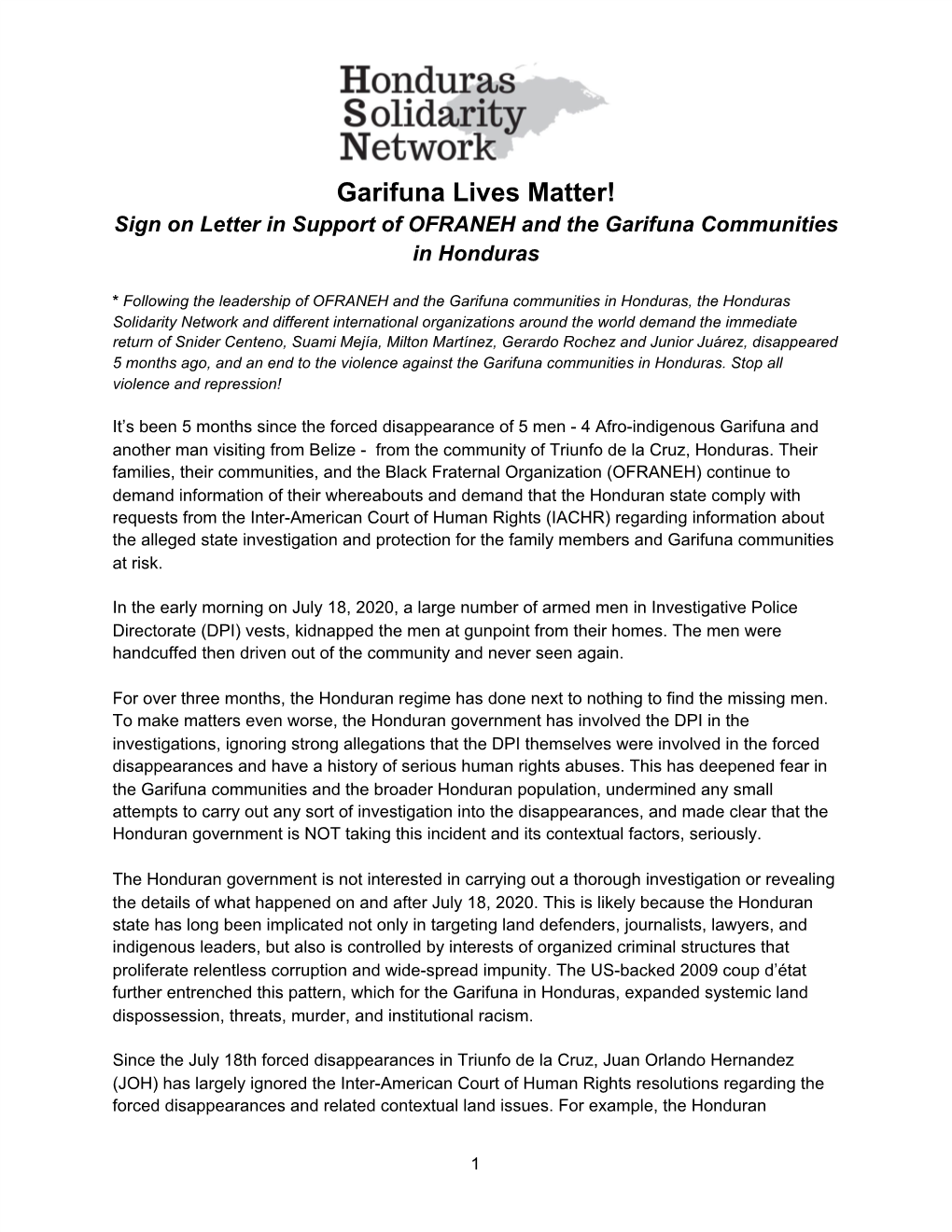 Garifuna Lives Matter! Sign on Letter in Support of OFRANEH and the Garifuna Communities in Honduras