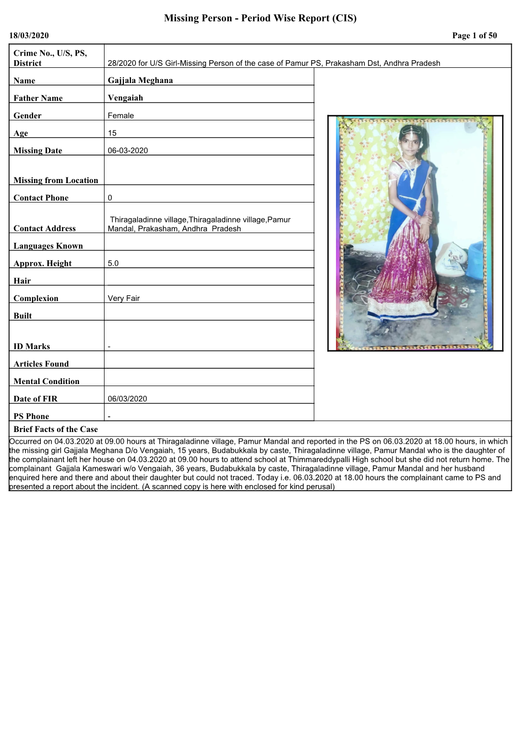 Missing Person - Period Wise Report (CIS) 18/03/2020 Page 1 of 50