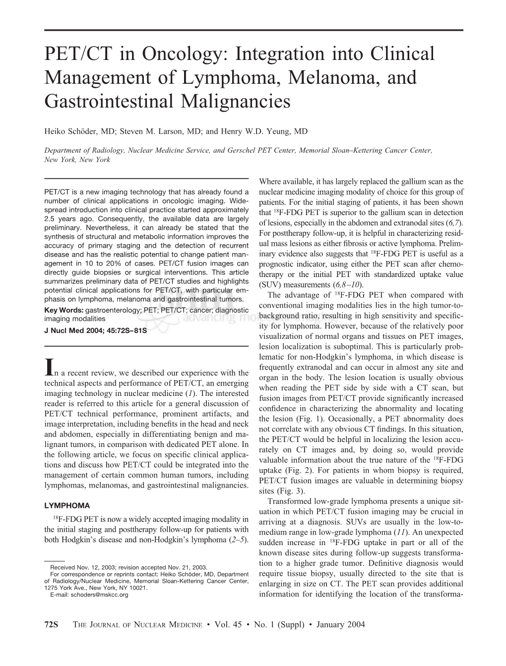 PET/CT in Oncology: Integration Into Clinical Management of Lymphoma, Melanoma, and Gastrointestinal Malignancies