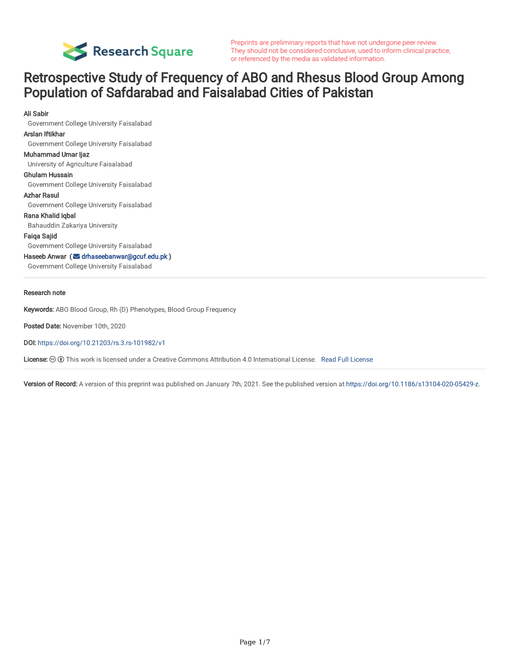 Retrospective Study of Frequency of ABO and Rhesus Blood Group Among Population of Safdarabad and Faisalabad Cities of Pakistan