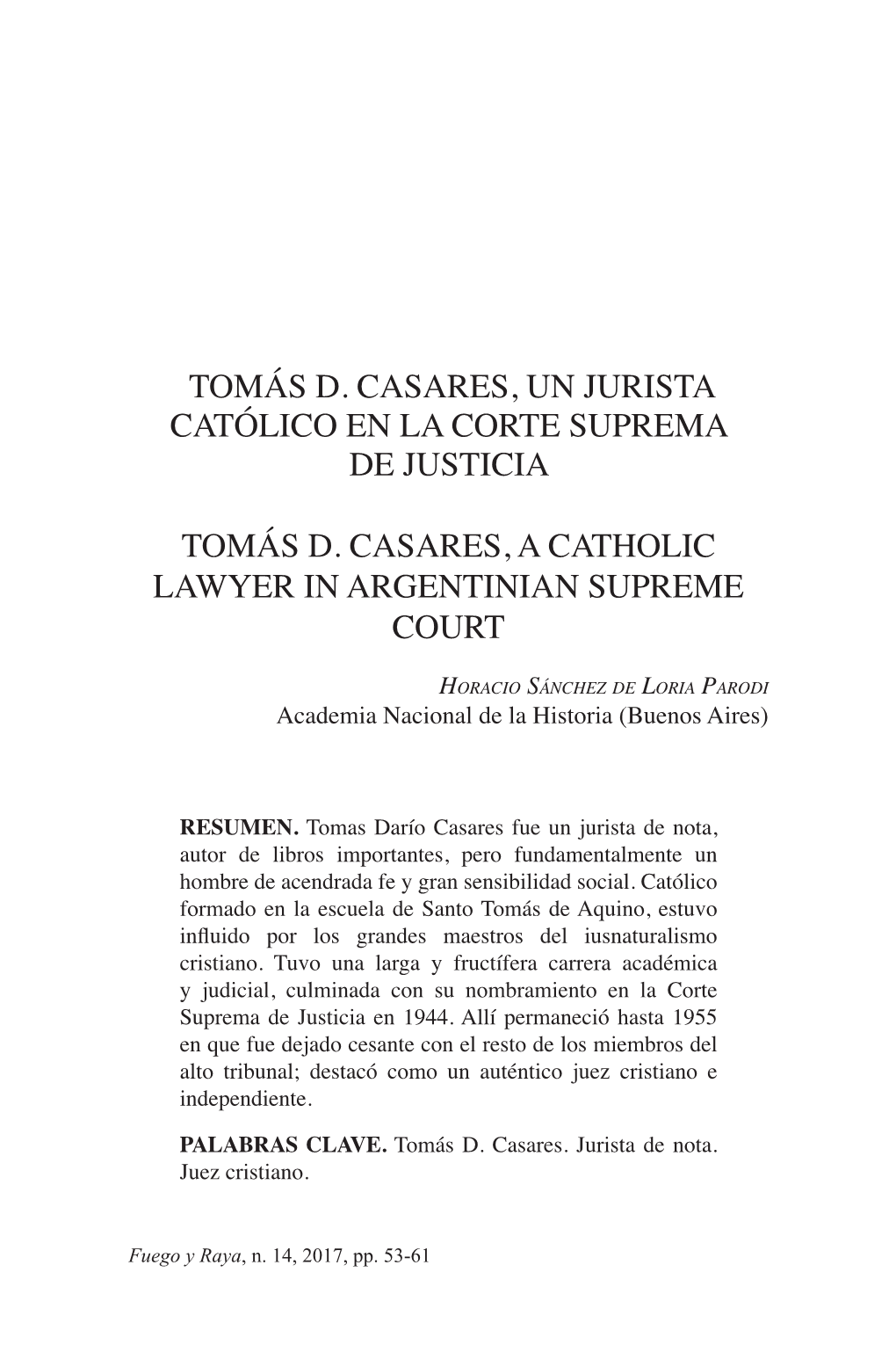 Tomás D. Casares, Un Jurista Católico En La Corte Suprema De Justicia