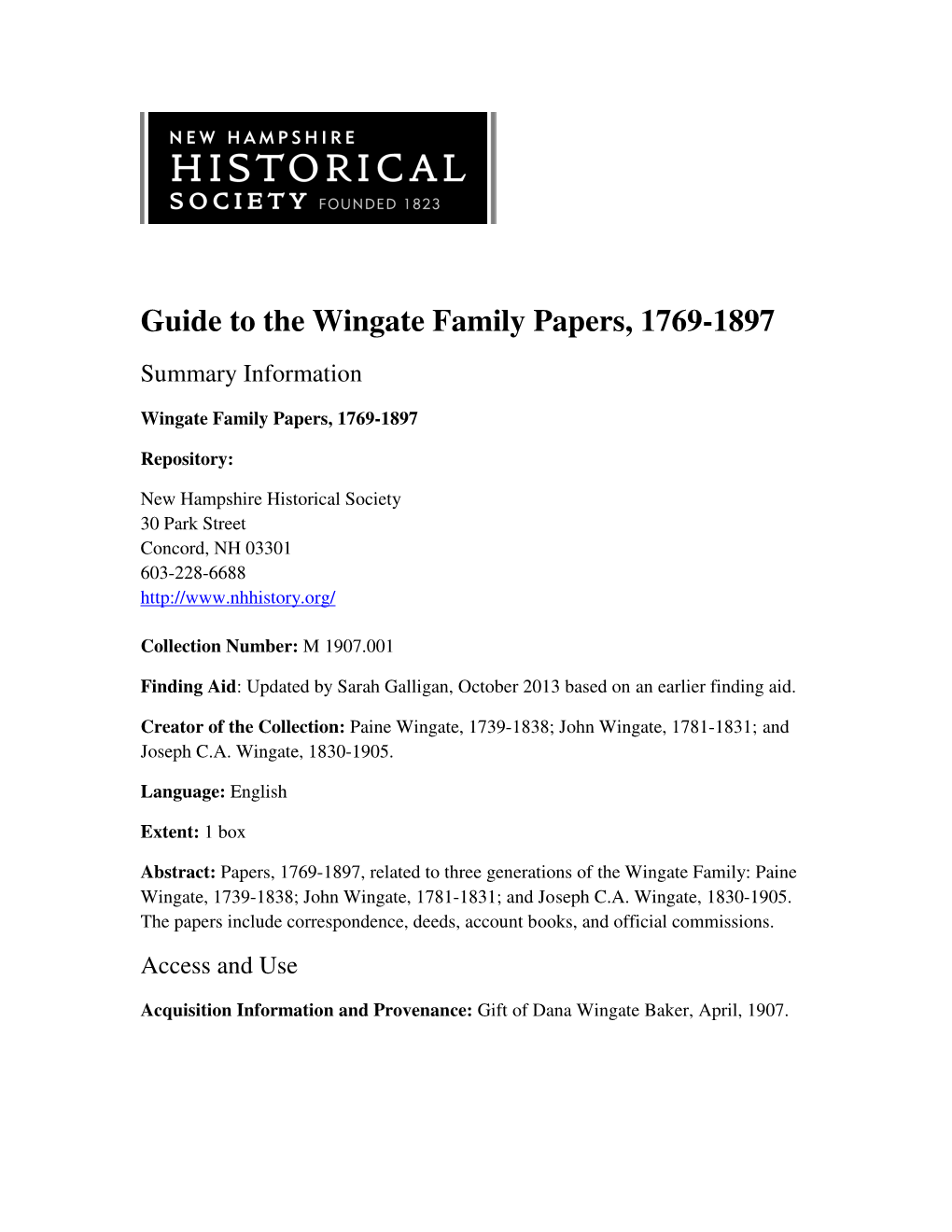 Wingate Family Papers, 1769-1897 Summary Information