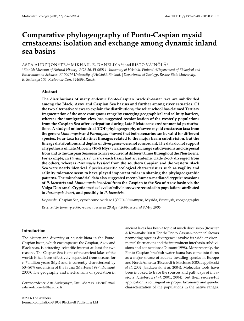 Comparative Phylogeography of Ponto-Caspian Mysid Crustaceans