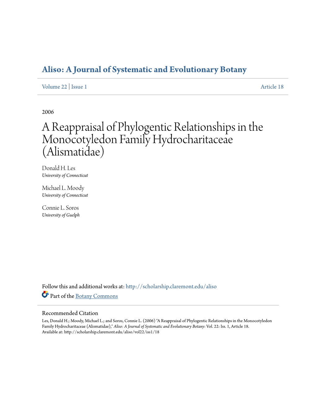 A Reappraisal of Phylogentic Relationships in the Monocotyledon Family Hydrocharitaceae (Alismatidae) Donald H