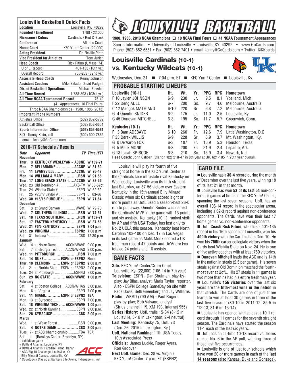 Louisville Cardinals (10-1) Vs. Kentucky Wildcats (10-1)