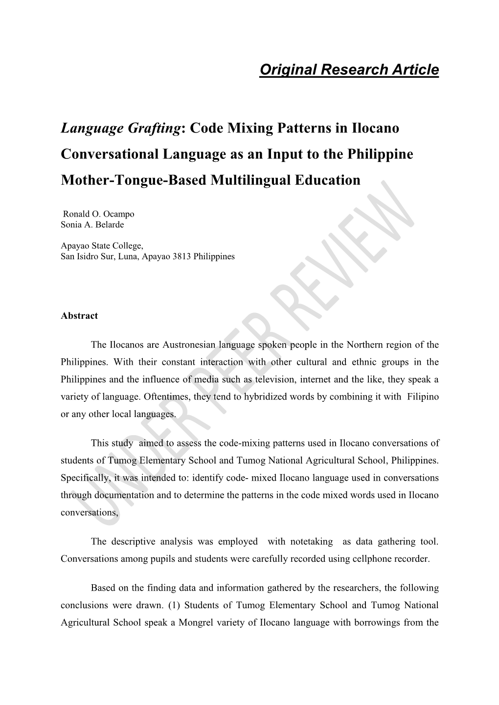 Code Mixing Patterns in Ilocano Conversational Language As an Input to the Philippine Mother-Tongue-Based Multilingual Education