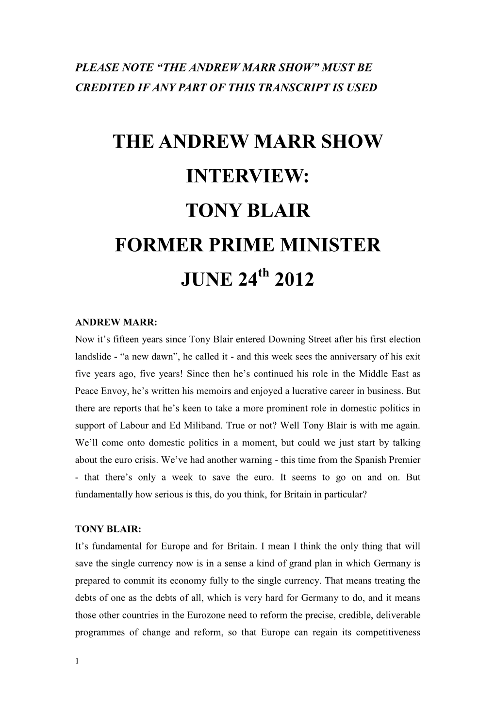 The Andrew Marr Show Interview: Tony Blair Former Prime Minister June 24 2012