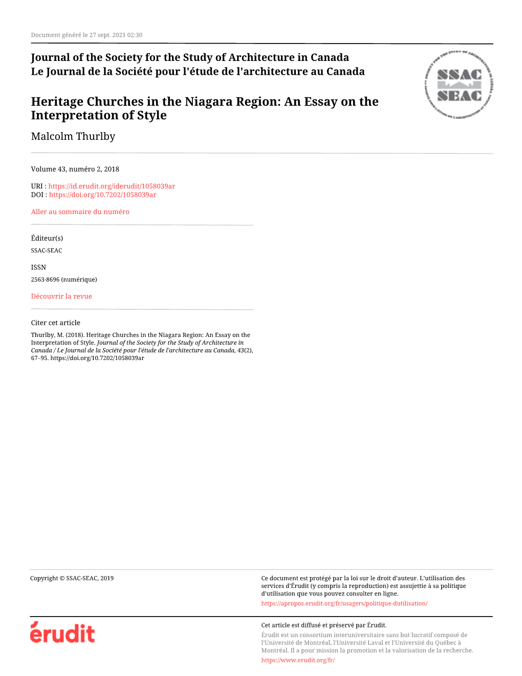 Heritage Churches in the Niagara Region: an Essay on the Interpretation of Style Malcolm Thurlby