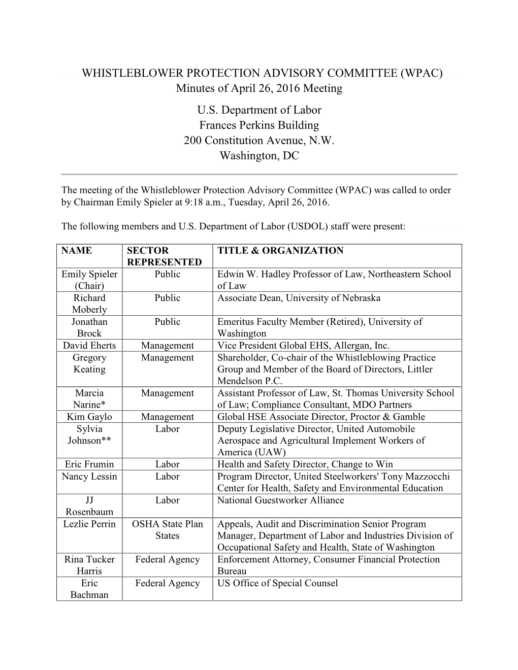 WHISTLEBLOWER PROTECTION ADVISORY COMMITTEE (WPAC) Minutes of April 26, 2016 Meeting U.S