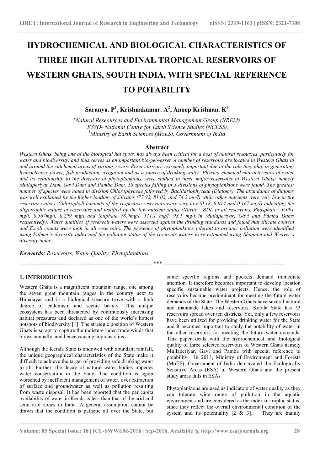 Hydrochemical and Biological Characteristics of Three High Altitudinal Tropical Reservoirs of Western Ghats, South India, with Special Reference to Potability