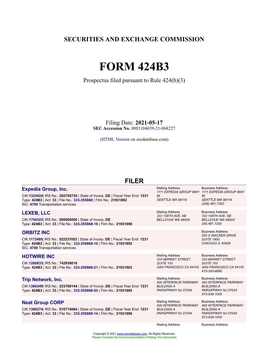 Expedia Group, Inc. Form 424B3 Filed 2021-05-17