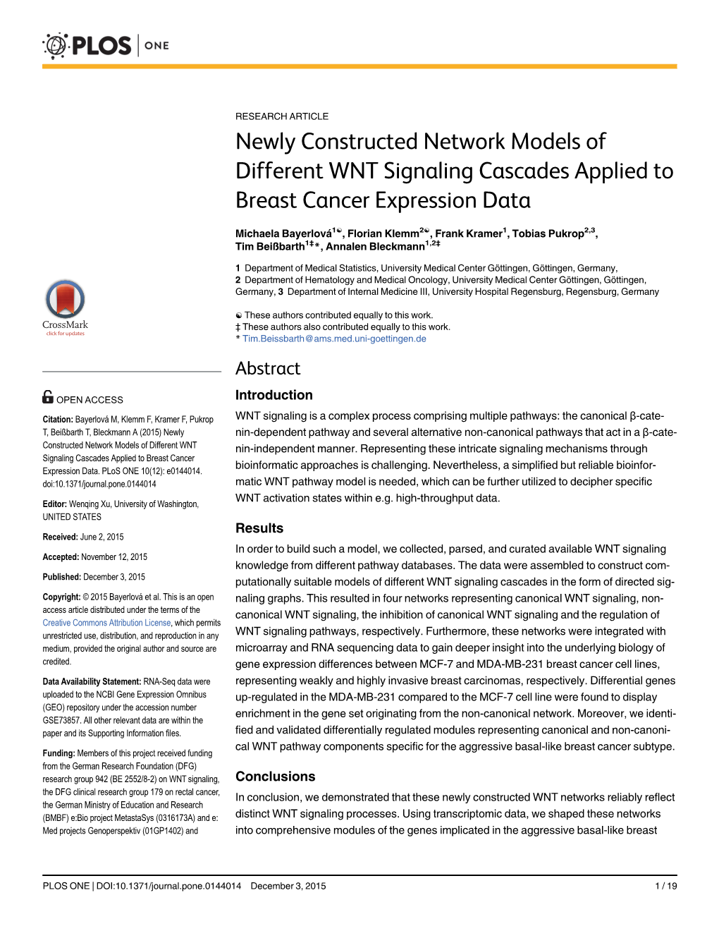 Newly Constructed Network Models of Different WNT Signaling Cascades Applied to Breast Cancer Expression Data