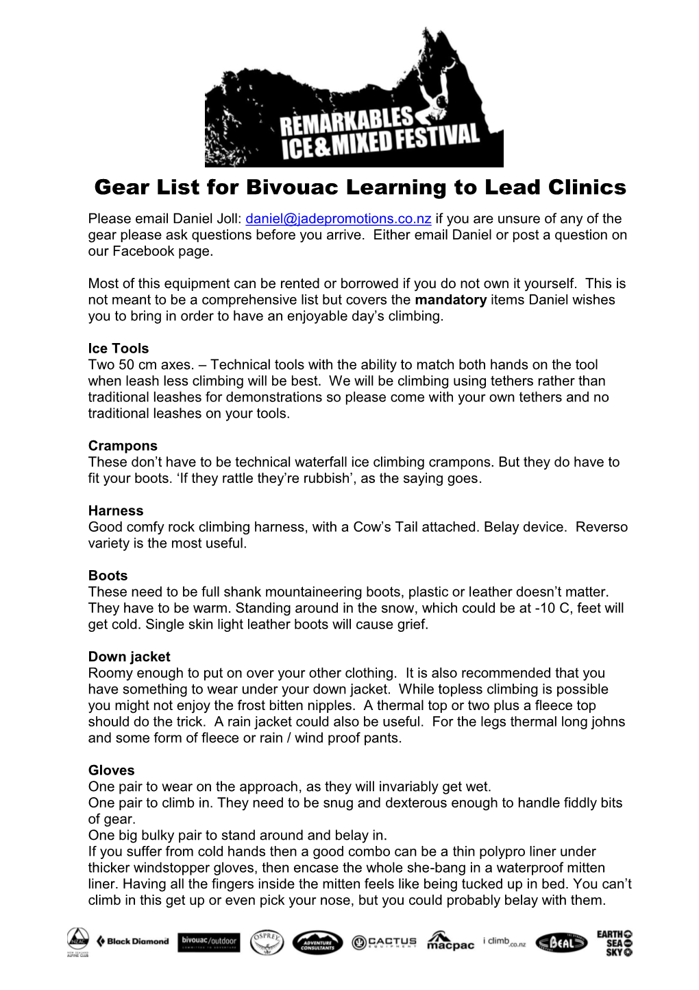 Gear List for Bivouac Learning to Lead Clinics