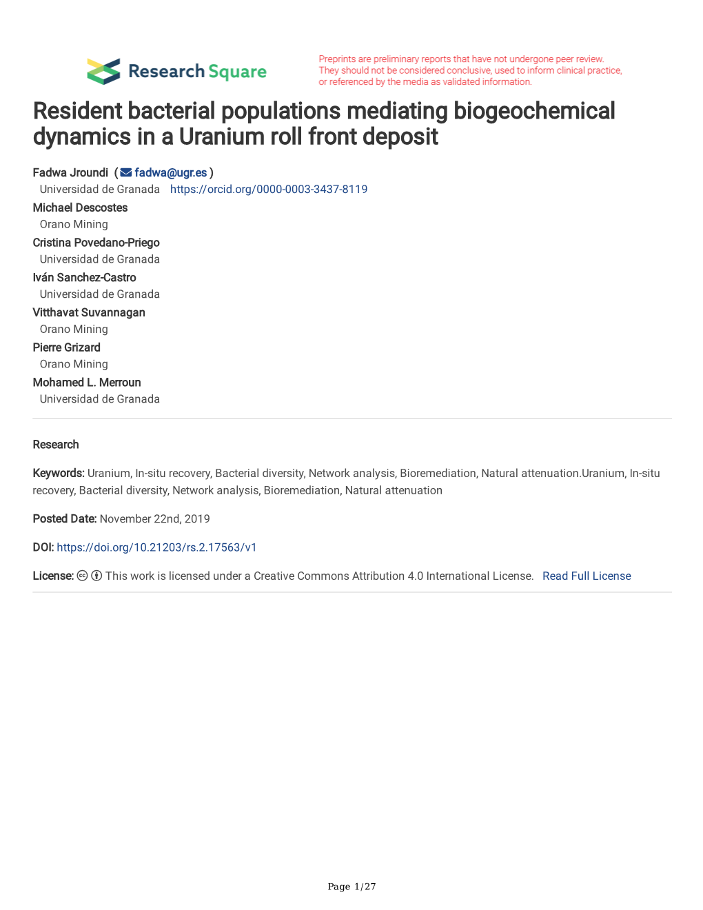 Resident Bacterial Populations Mediating Biogeochemical Dynamics in a Uranium Roll Front Deposit