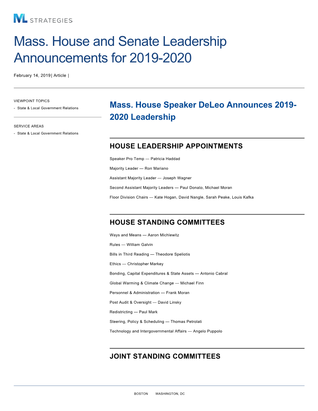 Mass. House and Senate Leadership Announcements for 2019-2020