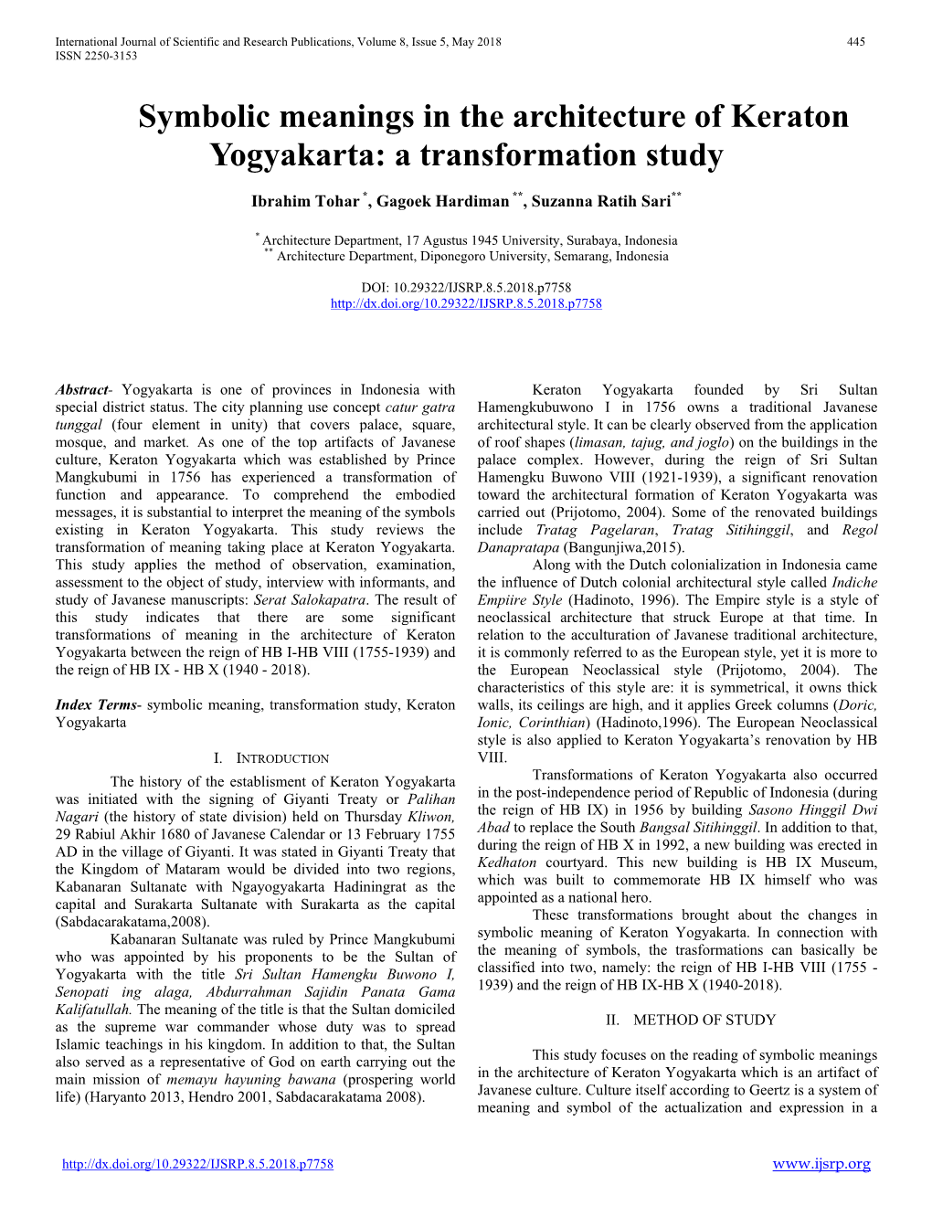 Symbolic Meanings in the Architecture of Keraton Yogyakarta: a Transformation Study