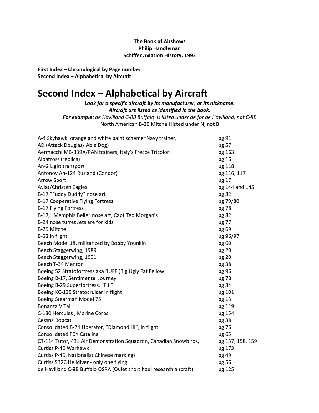 Second Index – Alphabetical by Aircraft