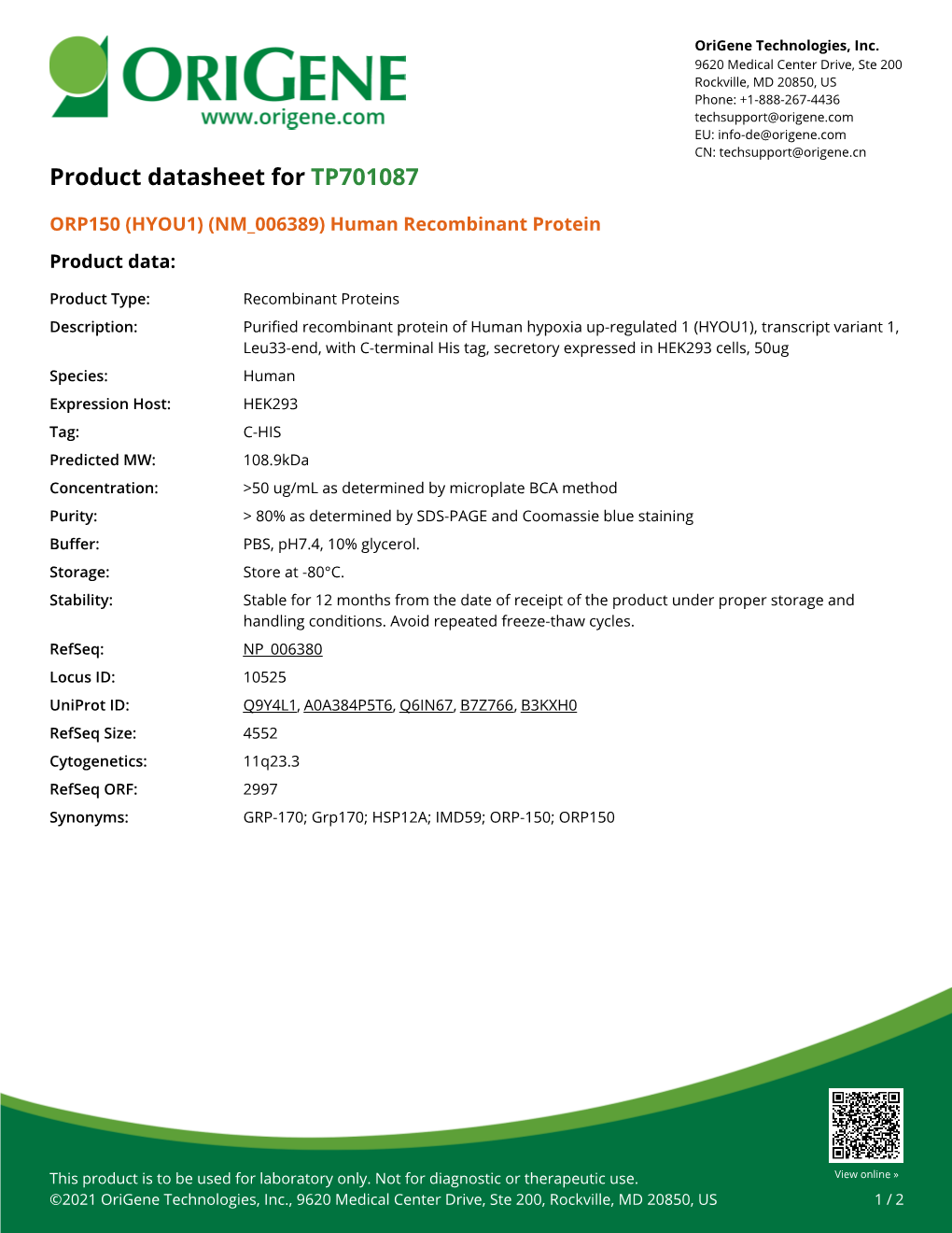 ORP150 (HYOU1) (NM 006389) Human Recombinant Protein Product Data