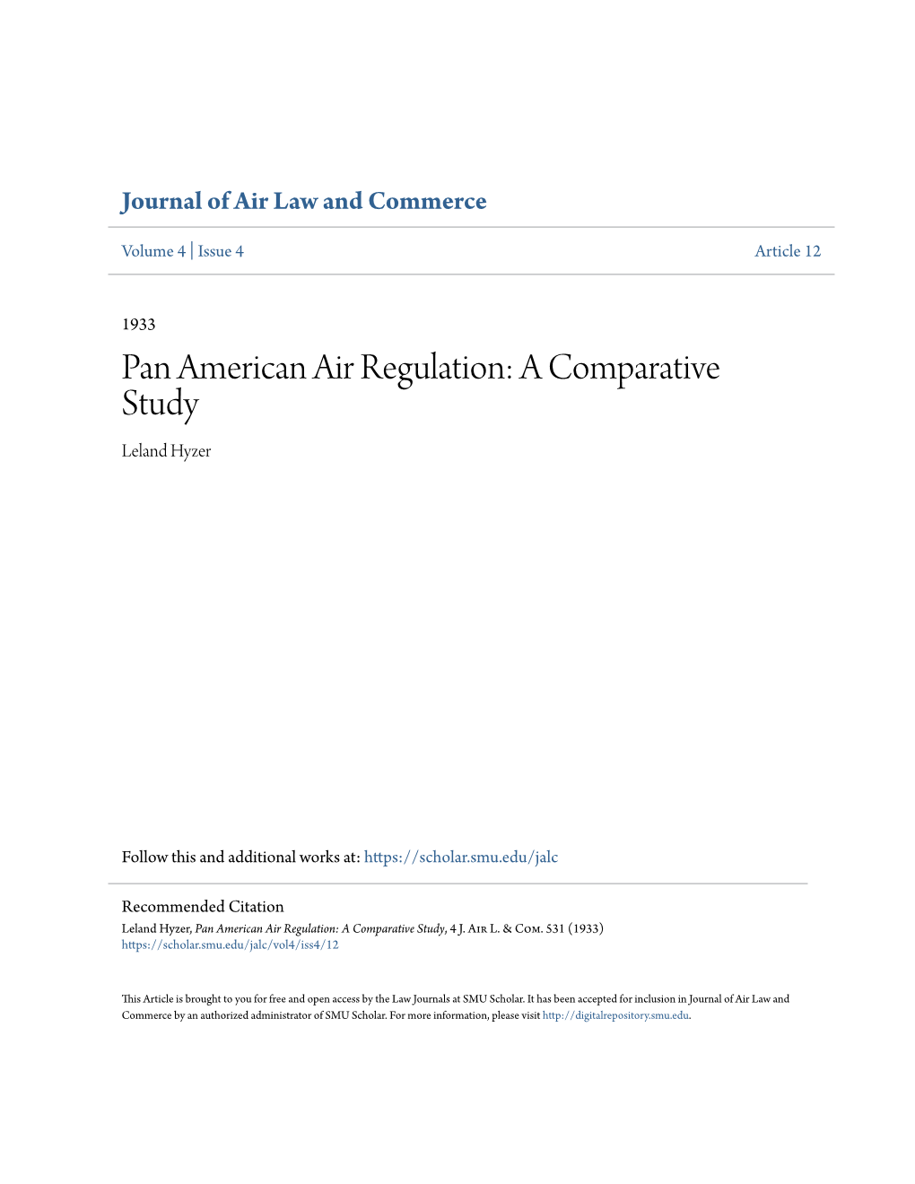 Pan American Air Regulation: a Comparative Study Leland Hyzer