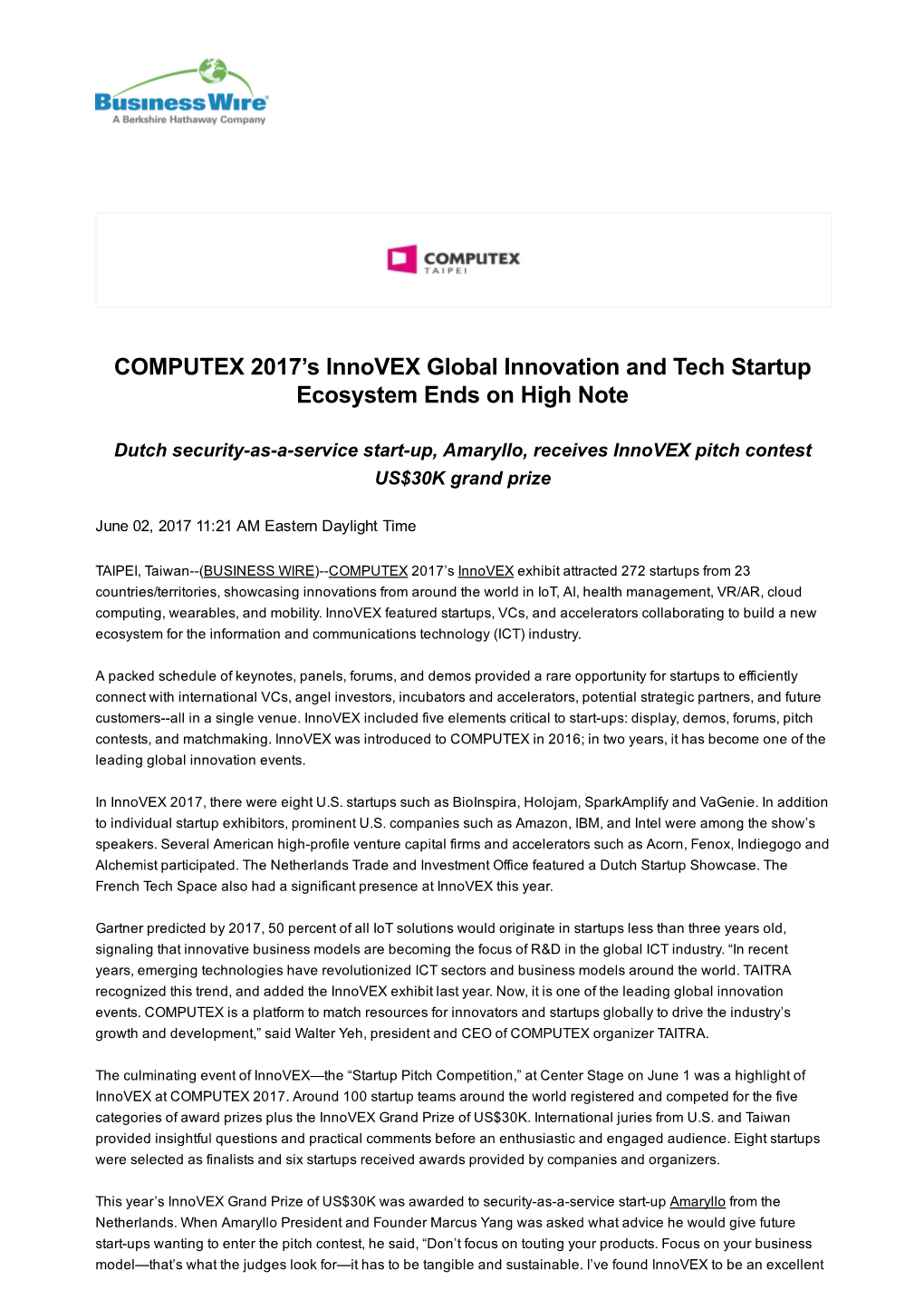 COMPUTEX 2017'S Innovex Global Innovation and Tech Startup Ecosystem Ends on High Note