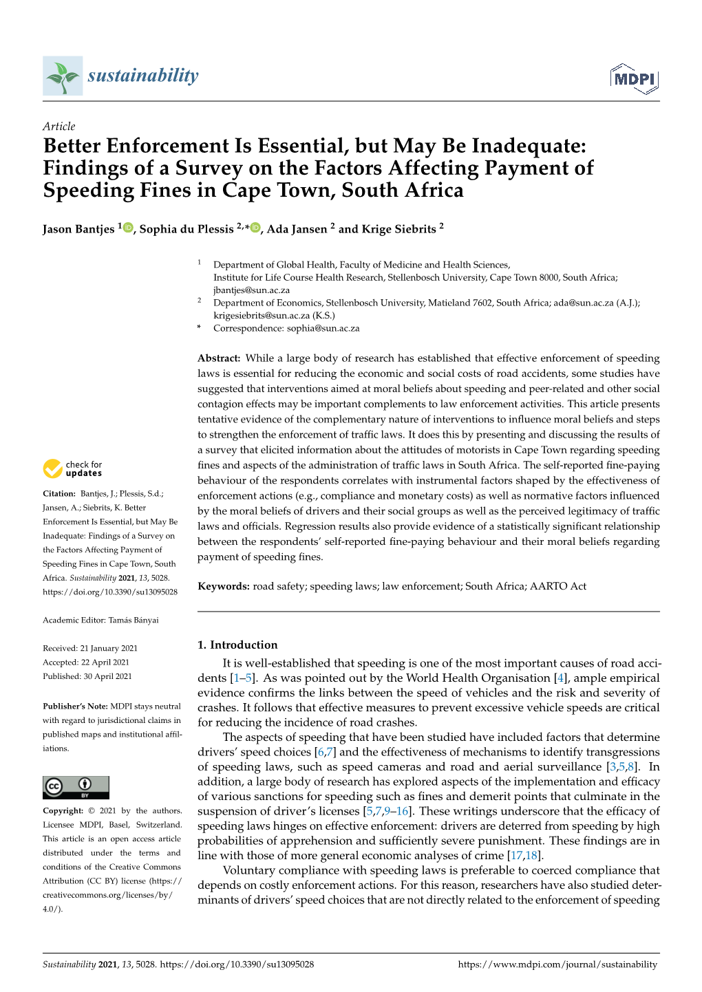 Better Enforcement Is Essential, but May Be Inadequate: Findings of a Survey on the Factors Affecting Payment of Speeding Fines in Cape Town, South Africa