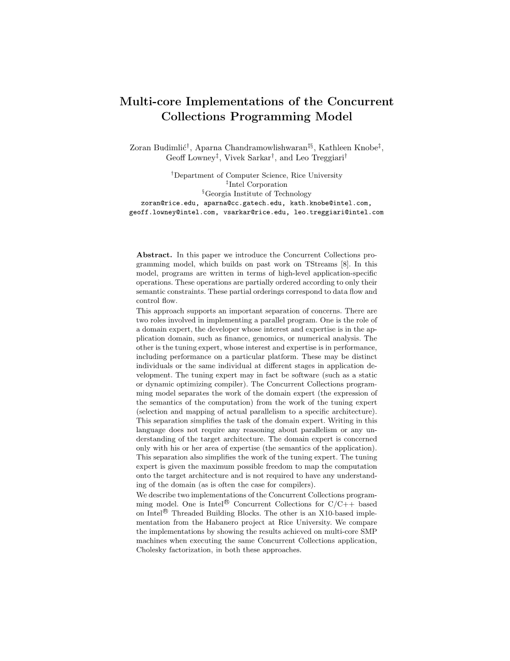 Multi-Core Implementations of the Concurrent Collections Programming Model