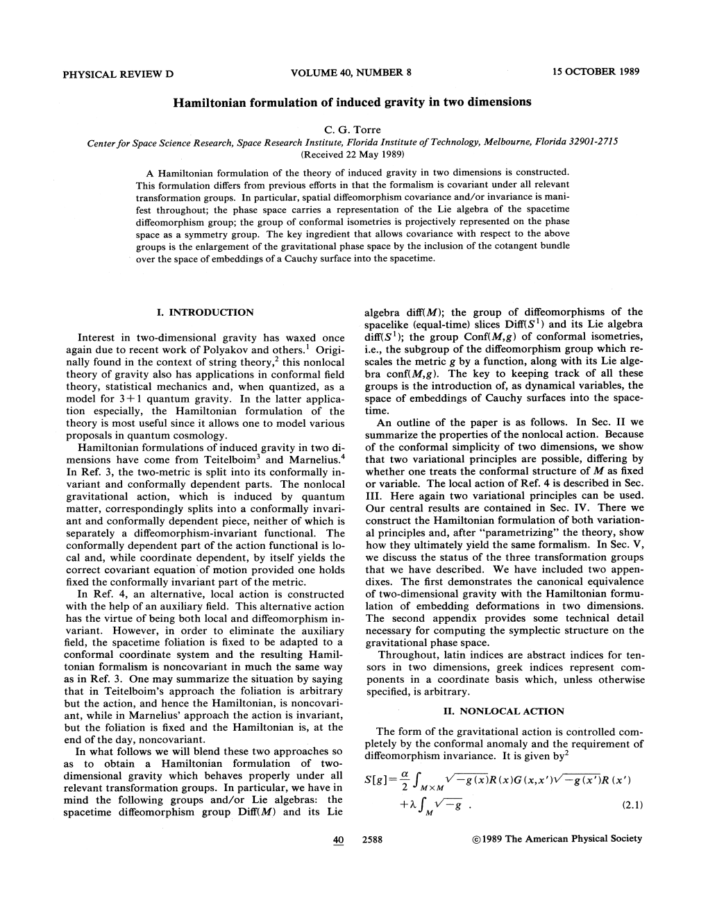 Hamiltonian Formulation of Induced Gravity in Two Dimensions