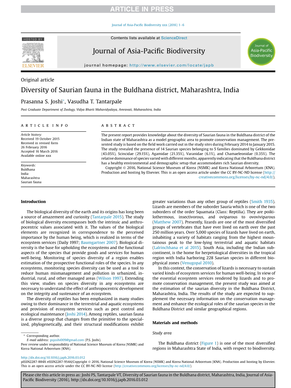 Diversity of Saurian Fauna in the Buldhana District, Maharashtra, India