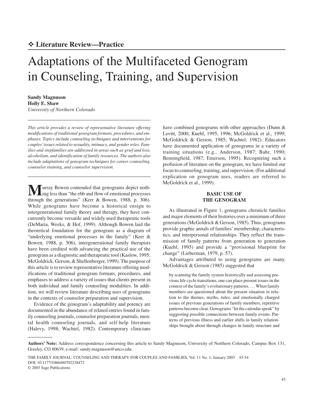 Adaptations of the Multifaceted Genogram in Counseling, Training, and Supervision