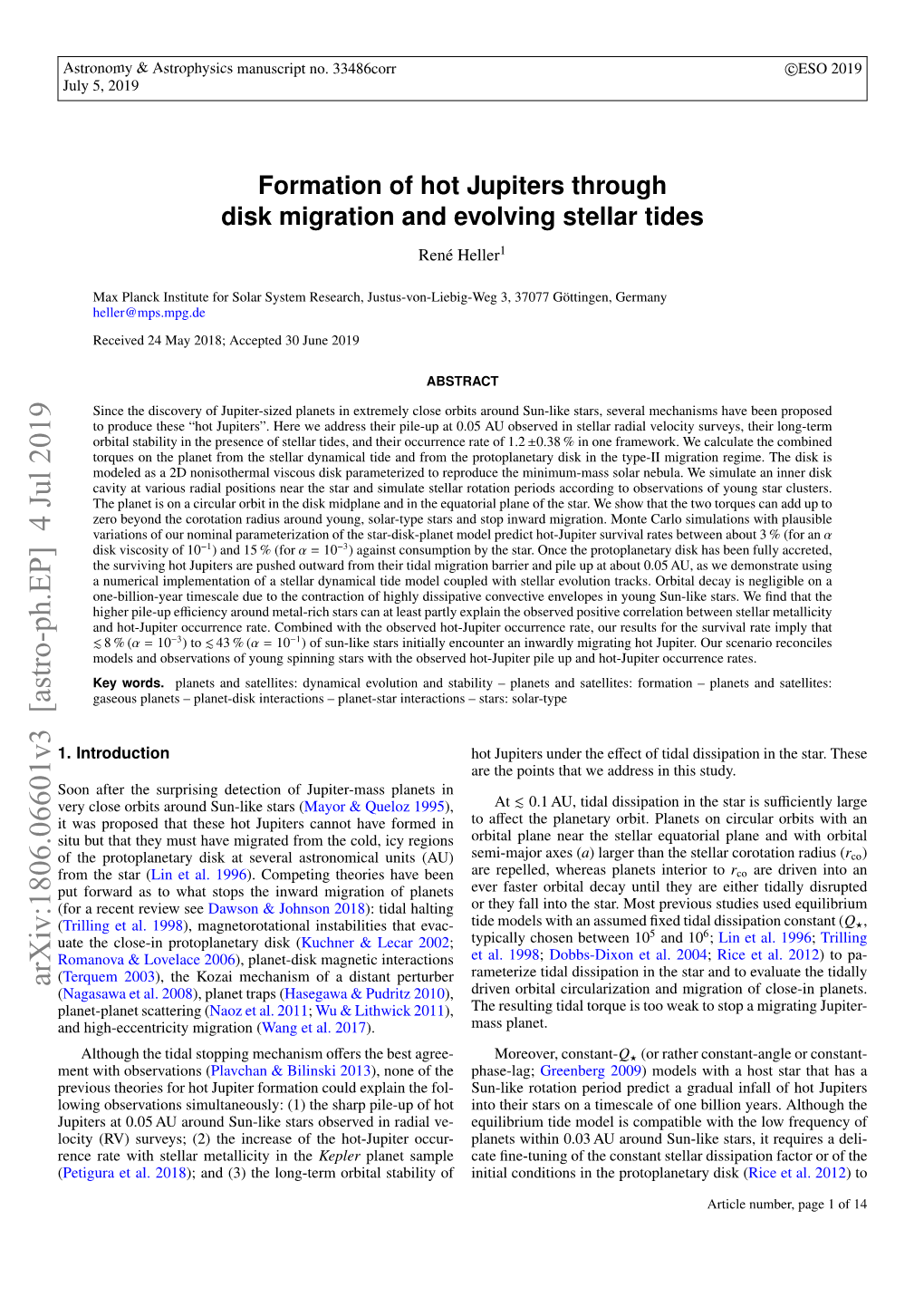 Formation of Hot Jupiters Through Disk Migration and Evolving Stellar Tides René Heller1