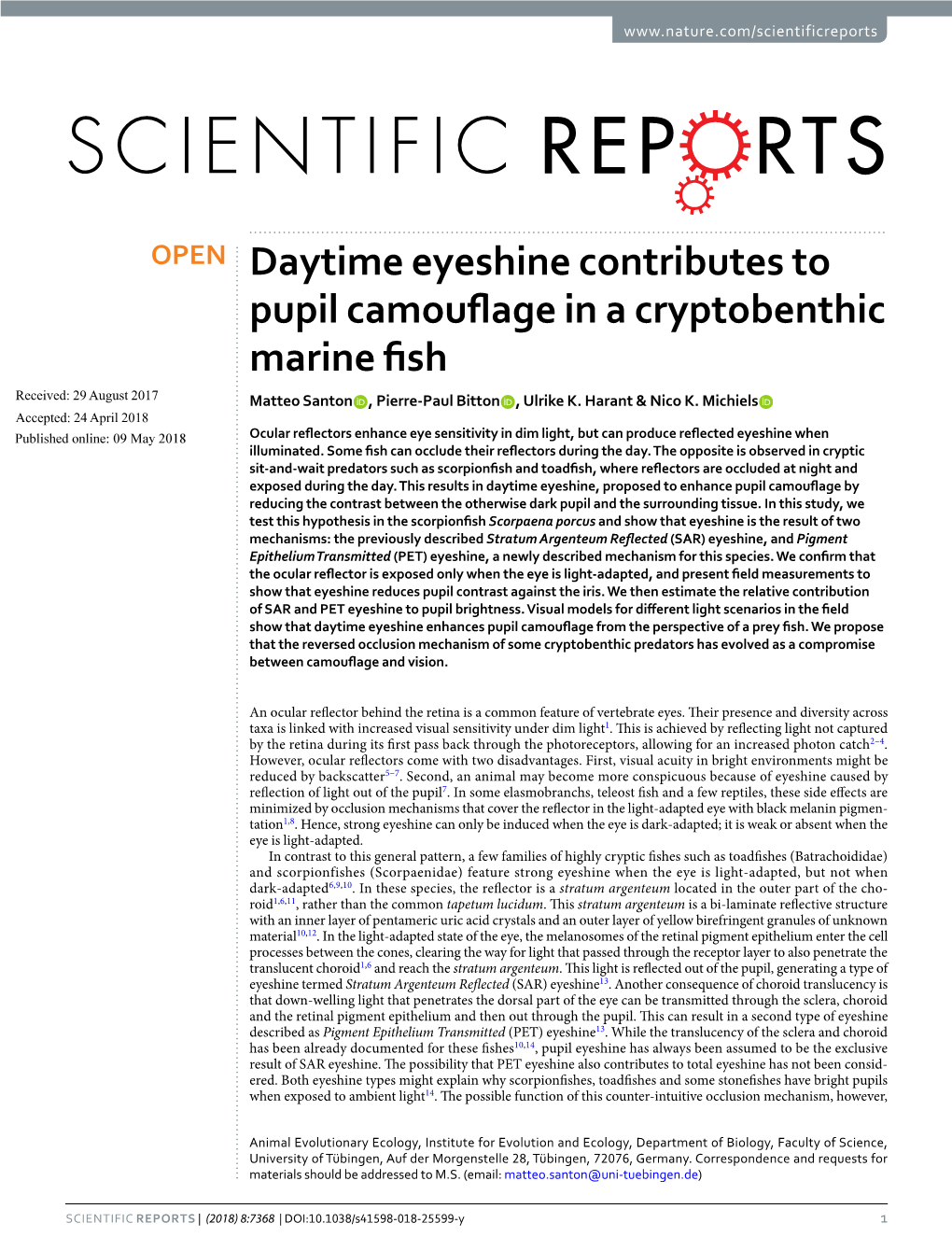Daytime Eyeshine Contributes to Pupil Camoufage in a Cryptobenthic Marine Fsh Received: 29 August 2017 Matteo Santon , Pierre-Paul Bitton , Ulrike K
