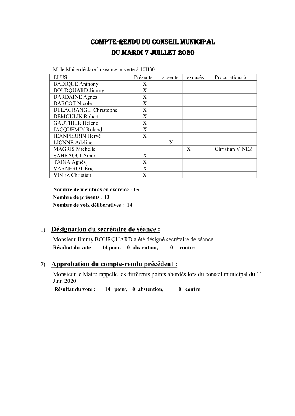 Compte-Rendu Du Conseil Municipal Du Mardi 7 Juillet 2020