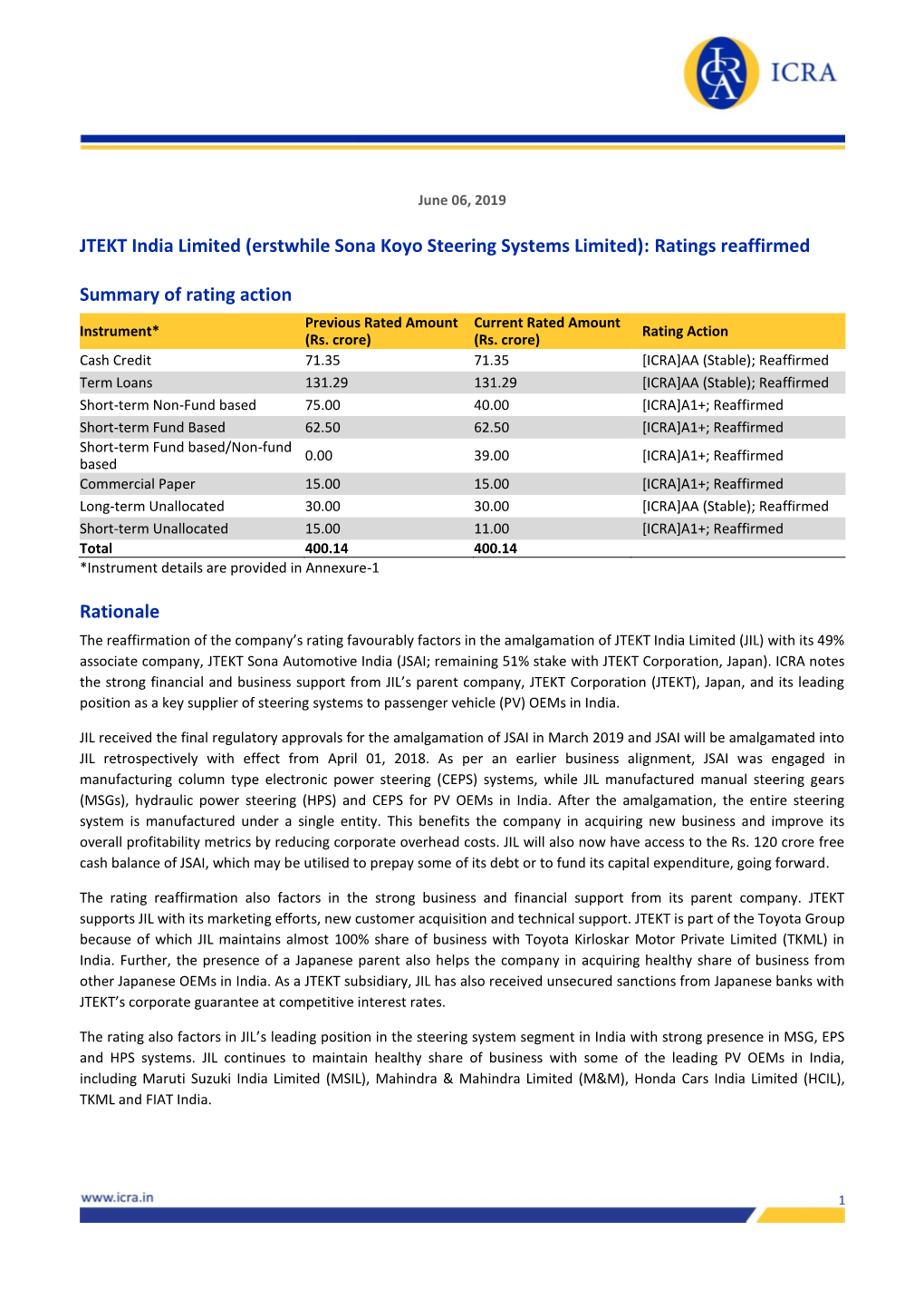 JTEKT India Limited (Erstwhile Sona Koyo Steering Systems Limited): Ratings Reaffirmed