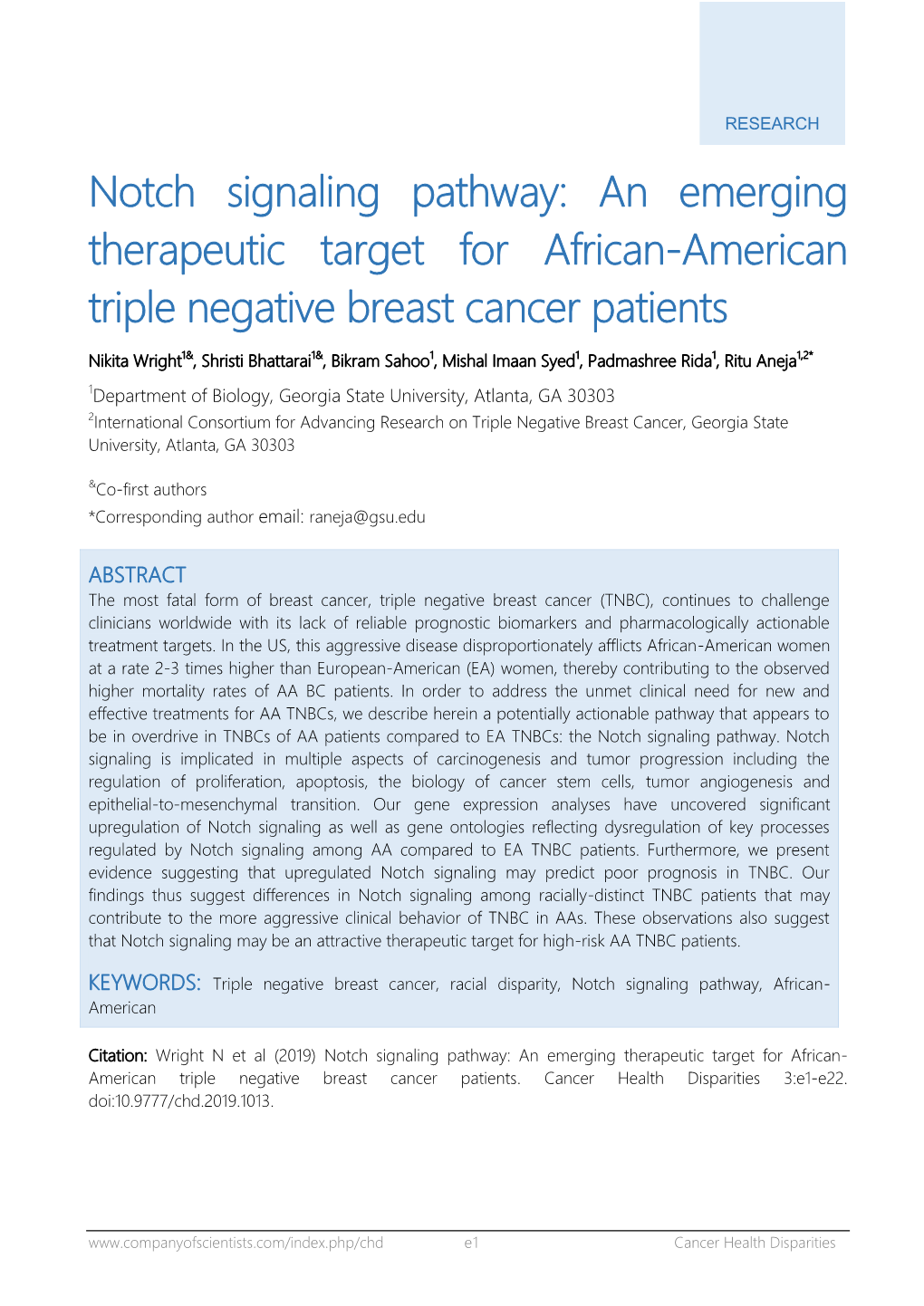 Notch Signaling Pathway: an Emerging Therapeutic Target for African-American Triple Negative Breast Cancer Patients