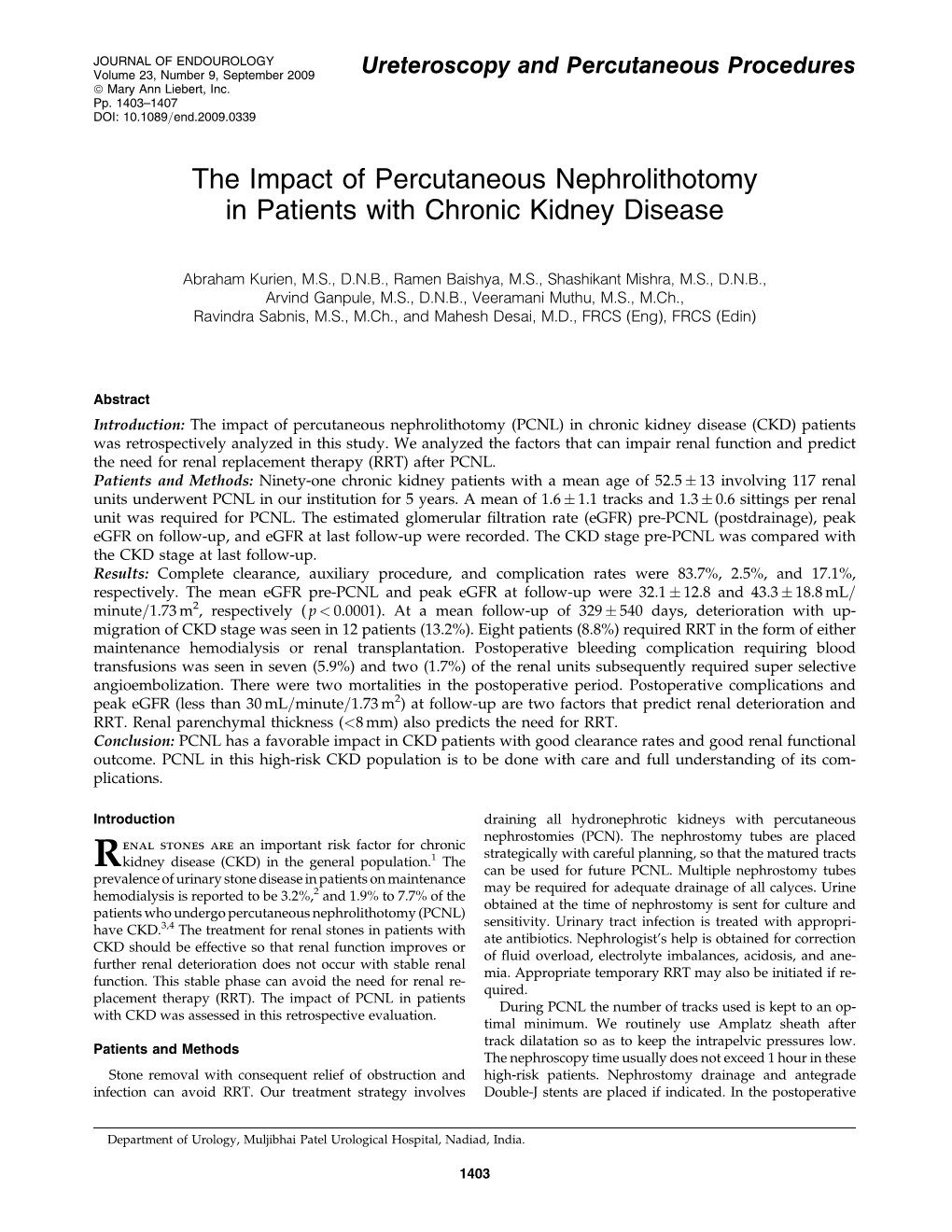 The Impact of Percutaneous Nephrolithotomy in Patients with Chronic Kidney Disease