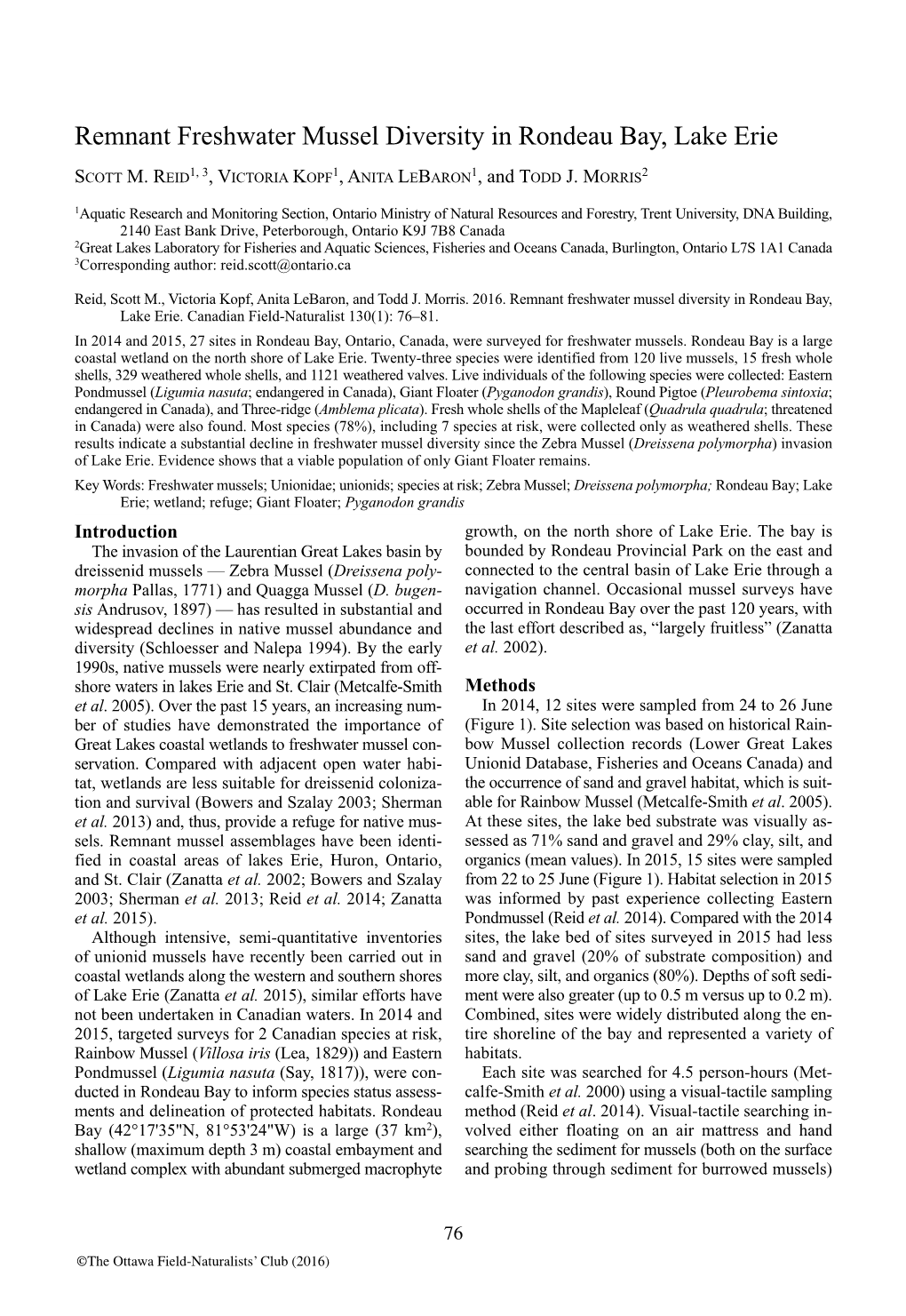 Remnant Freshwater Mussel Diversity in Rondeau Bay, Lake Erie Scott M