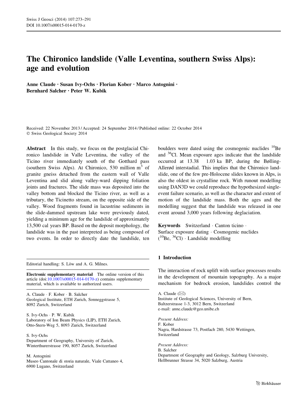 The Chironico Landslide (Valle Leventina, Southern Swiss Alps): Age and Evolution