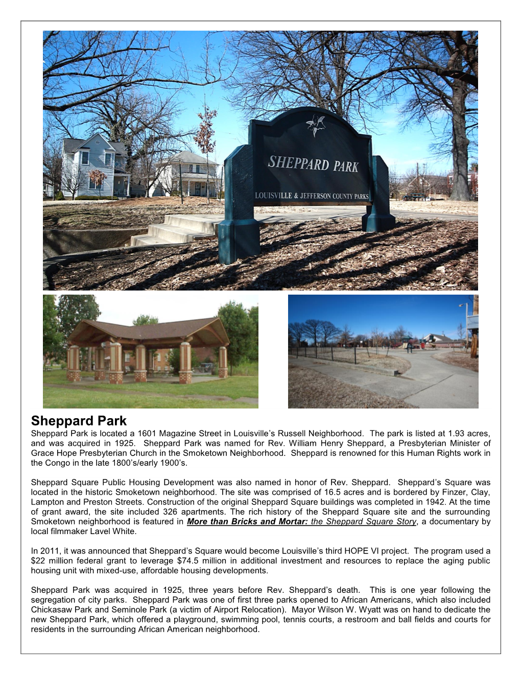 Sheppard Park Sheppard Park Is Located a 1601 Magazine Street in Louisville’S Russell Neighborhood
