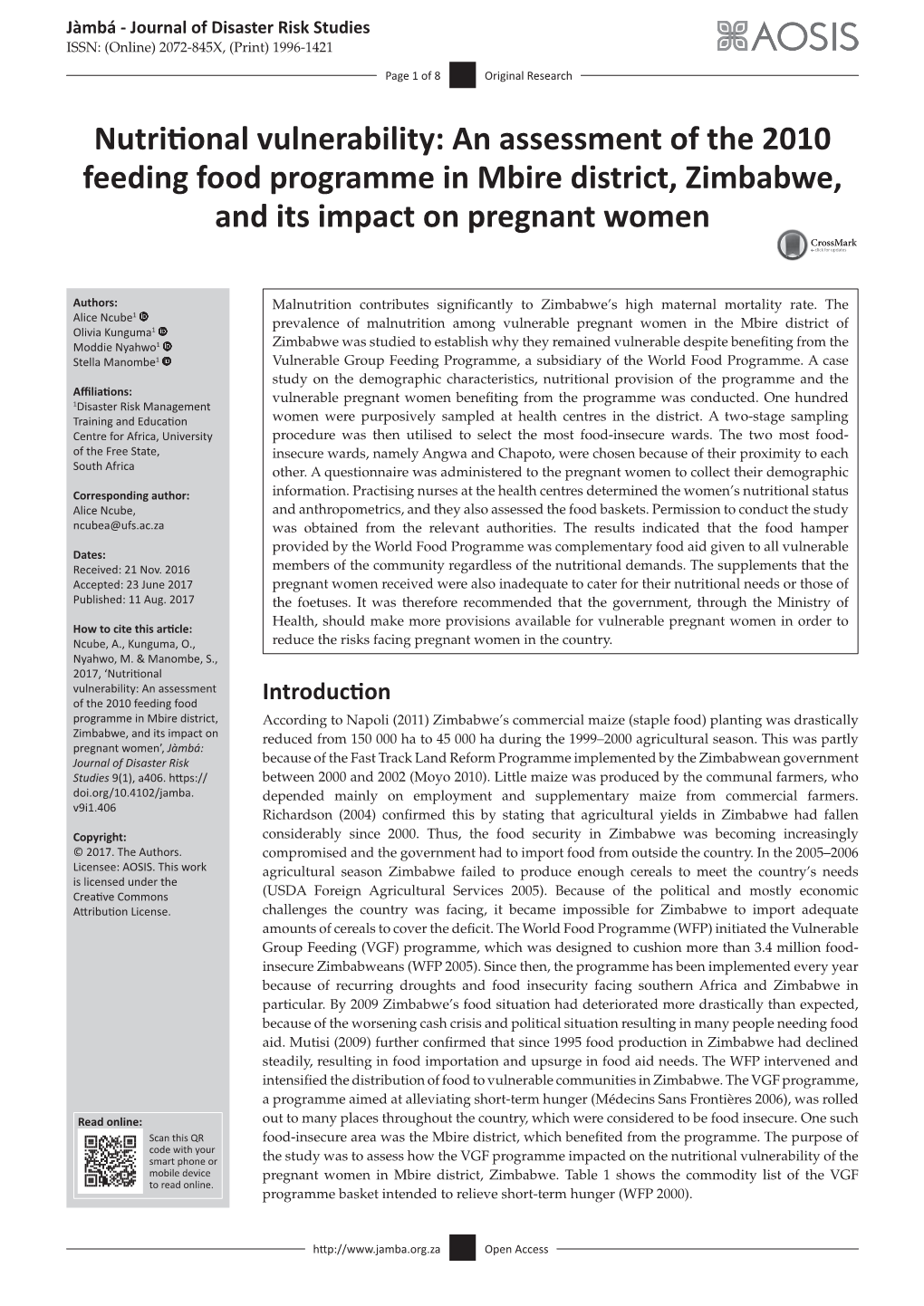An Assessment of the 2010 Feeding Food Programme in Mbire District, Zimbabwe, and Its Impact on Pregnant Women