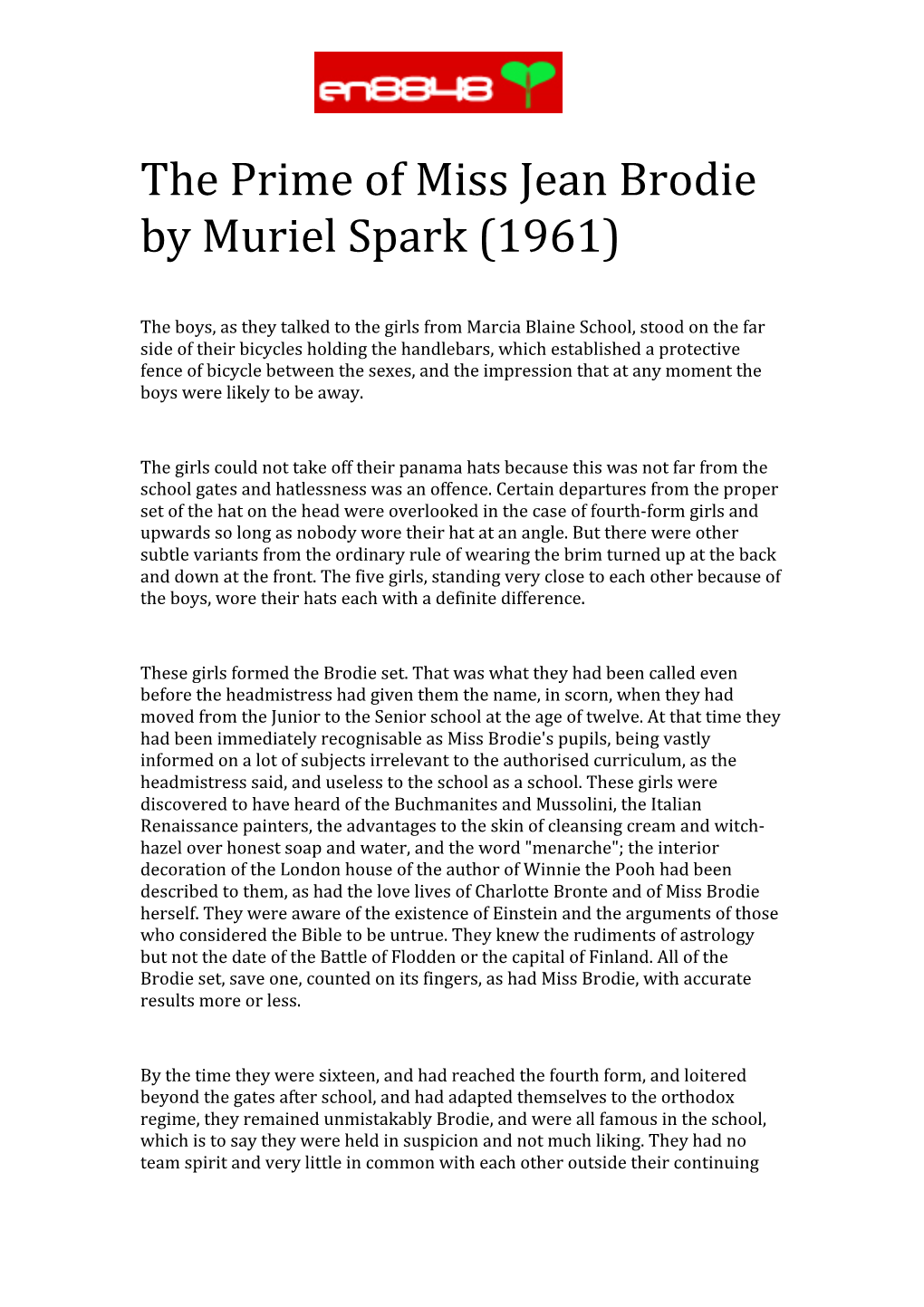 The Prime of Miss Jean Brodie by Muriel Spark (1961)