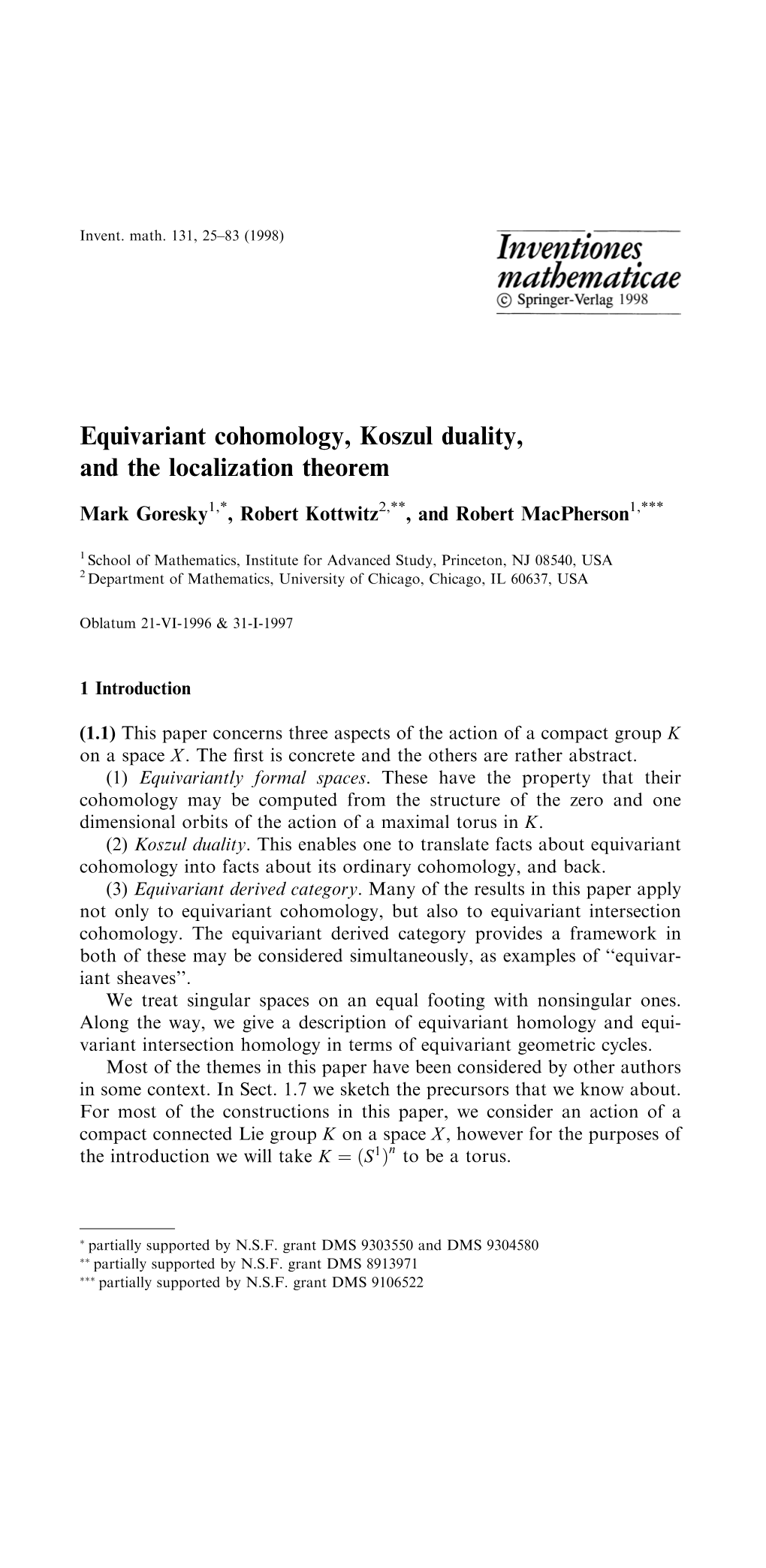 Equivariant Cohomology, Koszul Duality, and the Localization Theorem