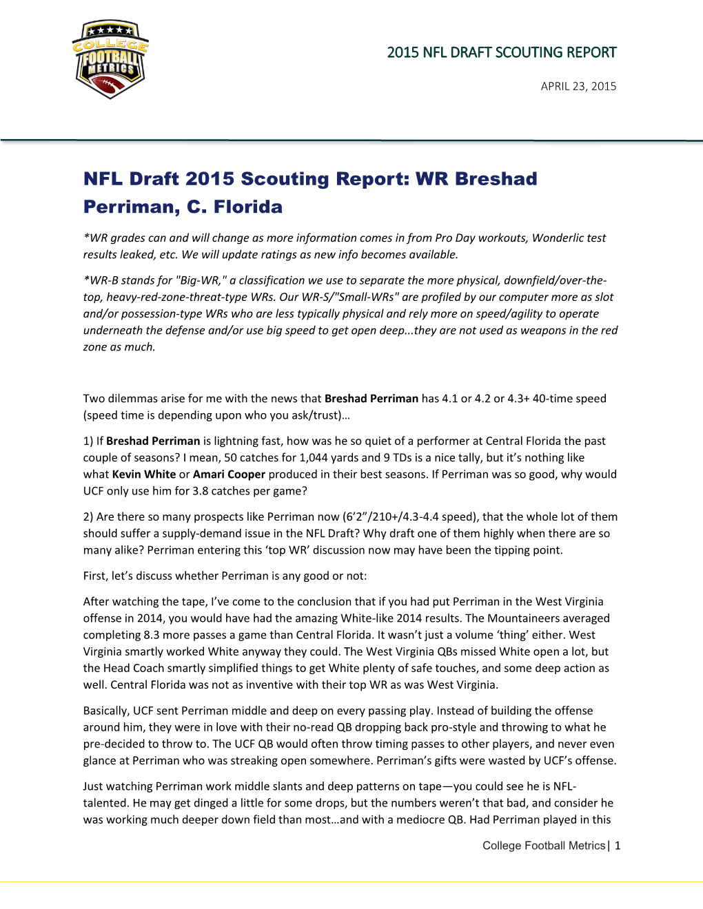 NFL Draft 2015 Scouting Report: WR Breshad Perriman, C. Florida