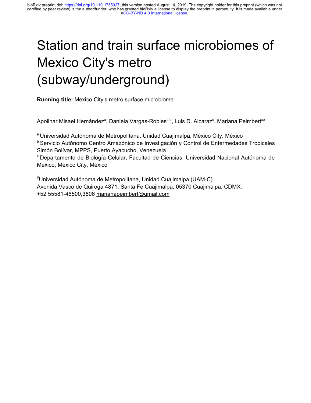 Station and Train Surface Microbiomes of Mexico City's Metro (Subway/Underground)