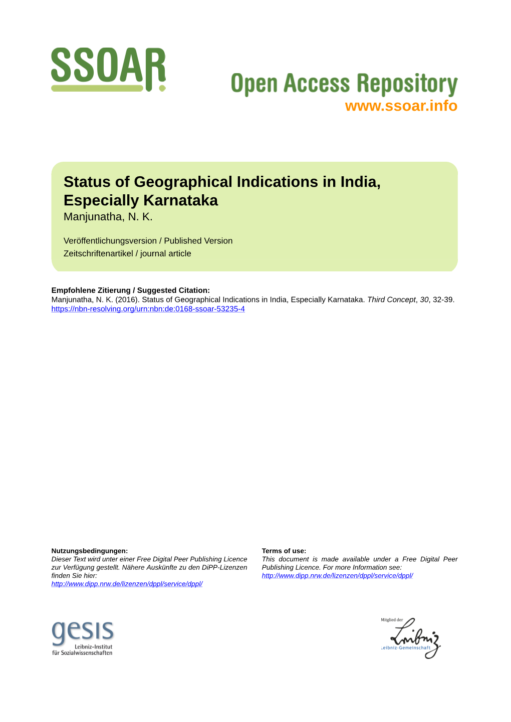 Status of Geographical Indications in India, Especially Karnataka Manjunatha, N